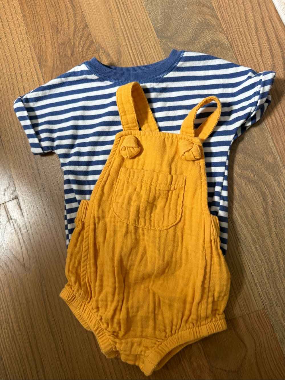 Cat & Jack Navy Striped Onesie with Mustard Yellow Muslin Overalls